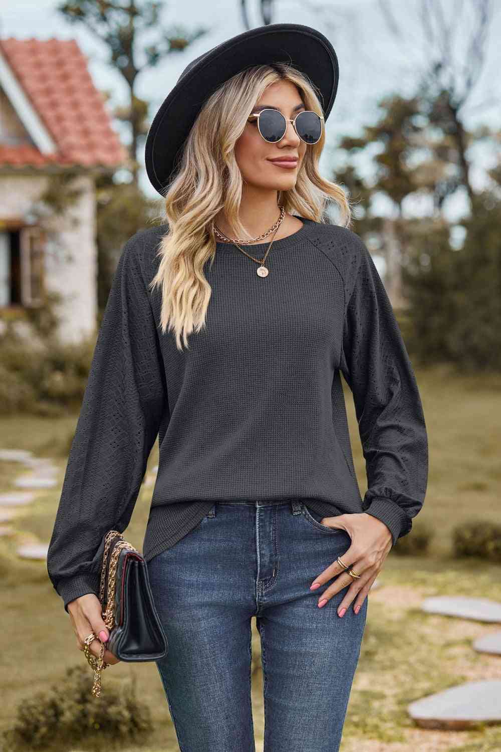 Round Neck Raglan Sleeve Sweatshirt - TRENDMELO