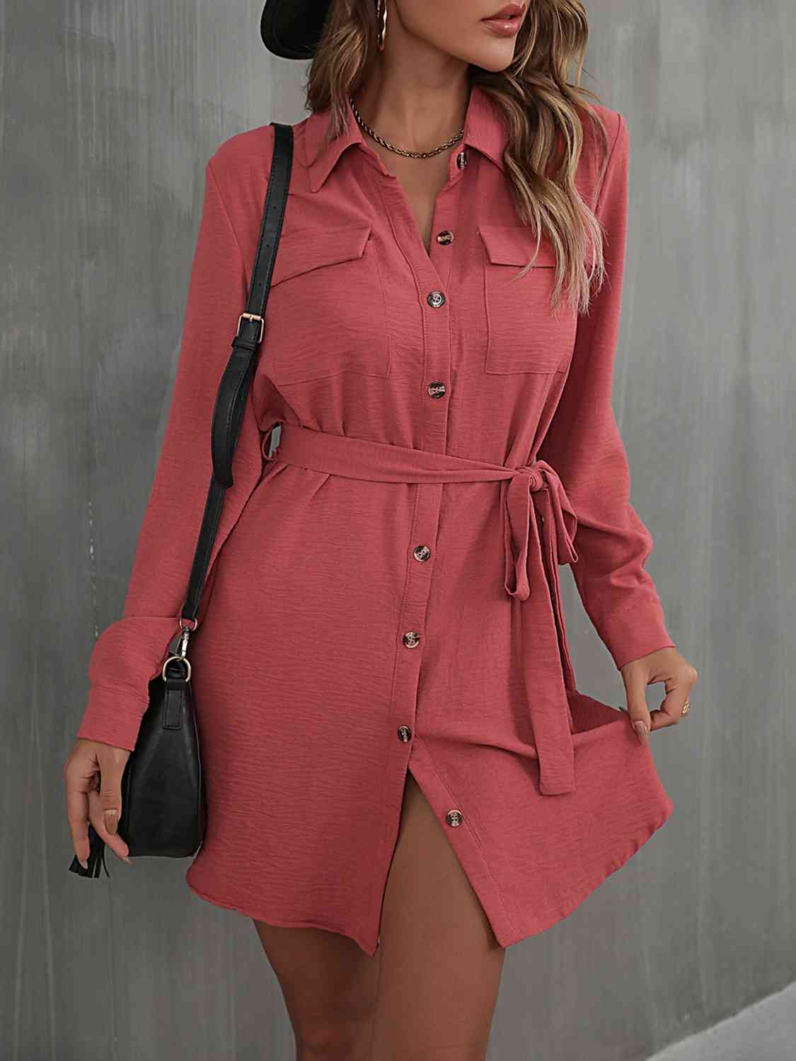 Button Down Belted Long Sleeve Shirt Dress - TRENDMELO