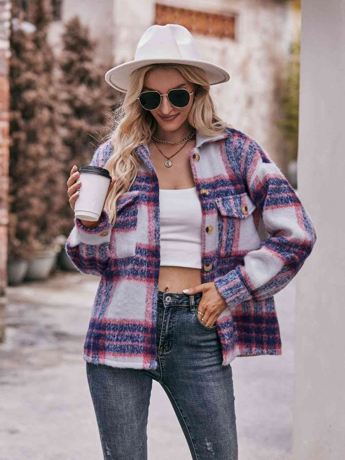 Plaid Dropped Shoulder Collared Jacket - TRENDMELO