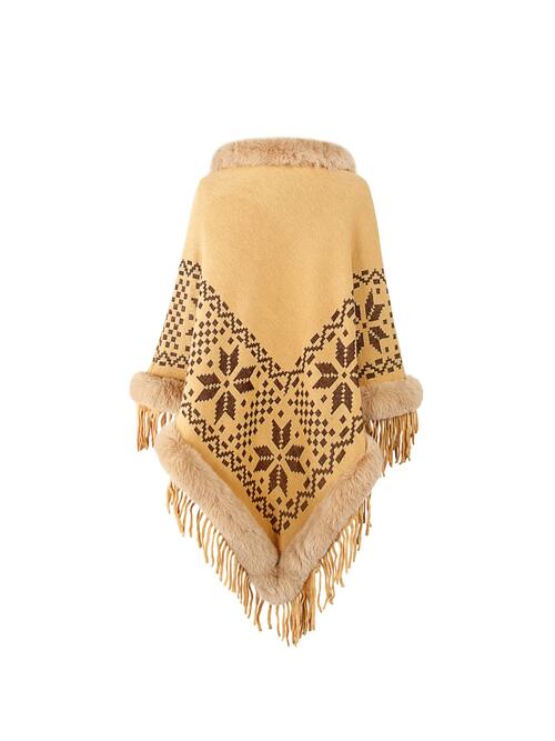 Fringe Geometric Cape Sleeve Poncho - TRENDMELO