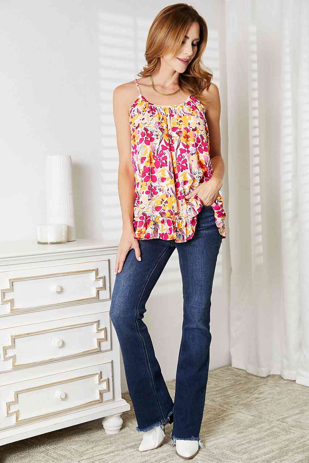 Double Take Floral Scoop Neck Ruffle Hem Cami - TRENDMELO