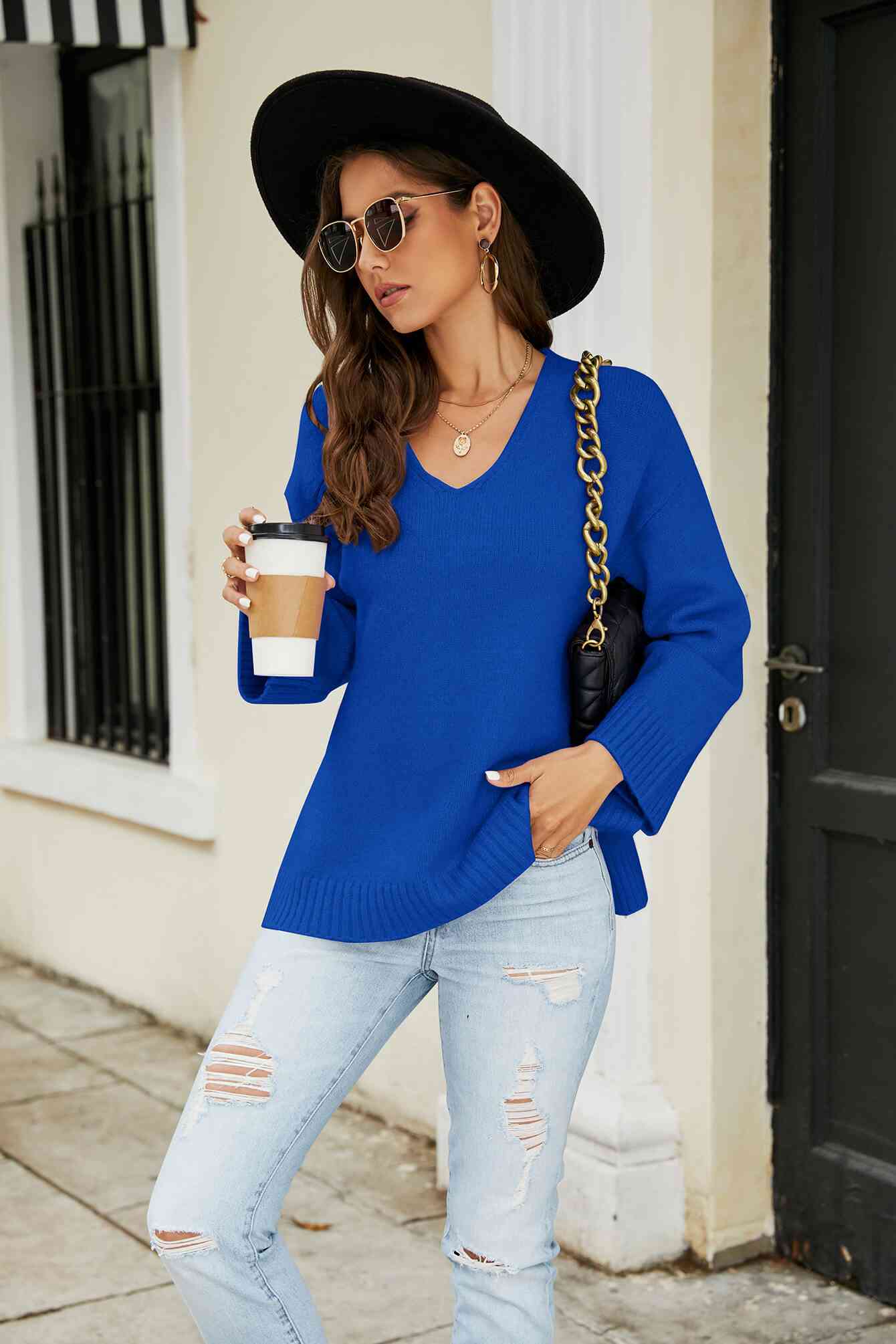 Drop Shoulder V-Neck Knit Pullover - TRENDMELO