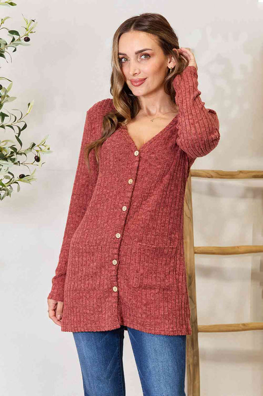 Double Take Ribbed Button-Up Cardigan with Pockets - TRENDMELO