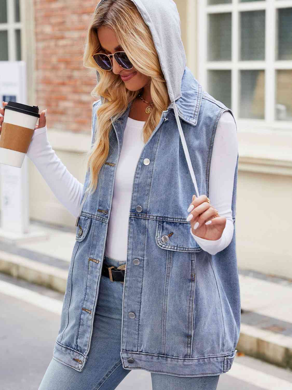 Drawstring Hooded Sleeveless Denim Jacket - TRENDMELO