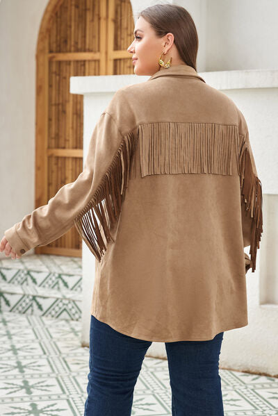 Plus Size Fringe Trim Snap Down Long Sleeve Shacket - TRENDMELO