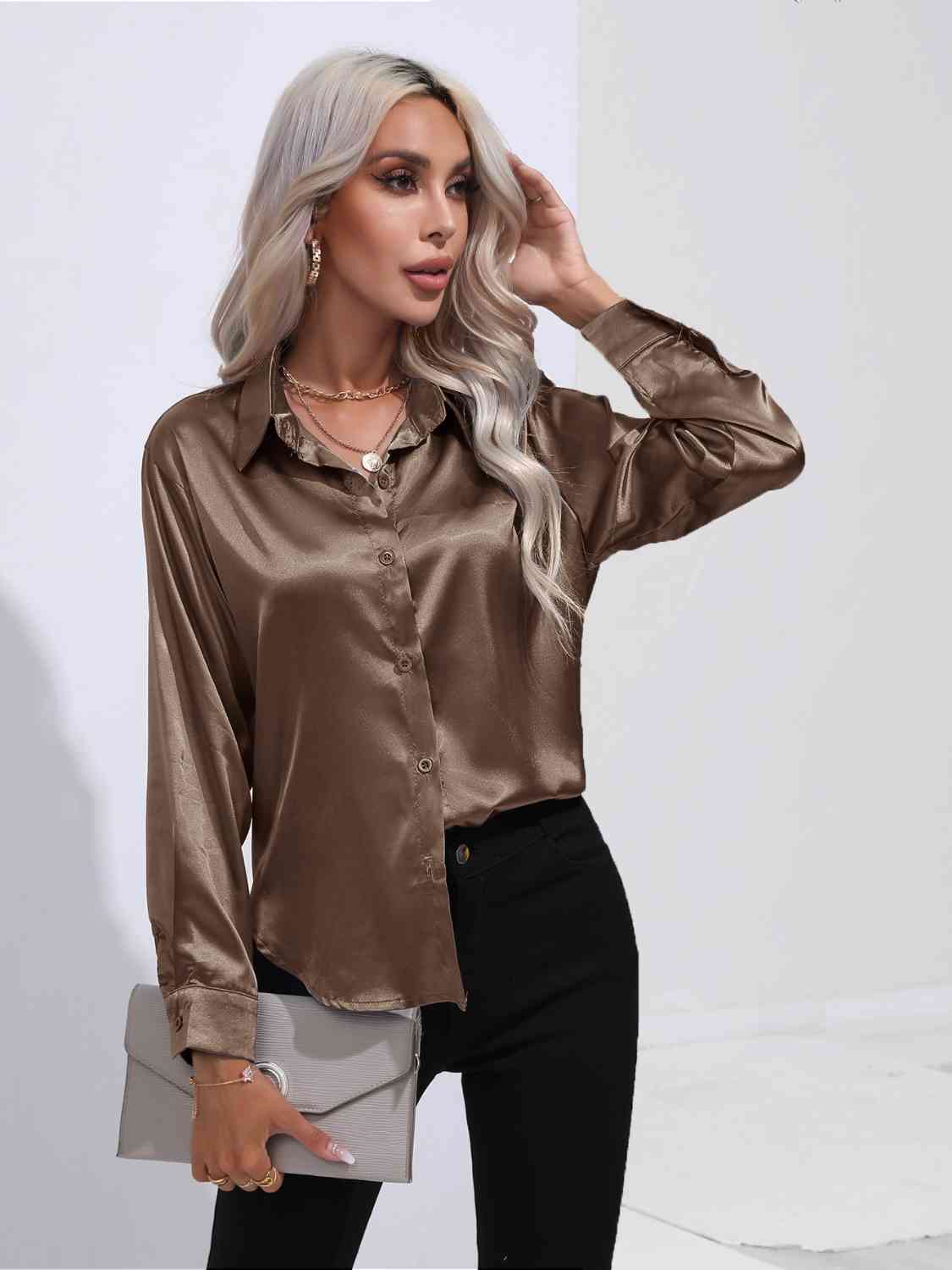 Collared Neck Buttoned Long Sleeve Shirt - TRENDMELO