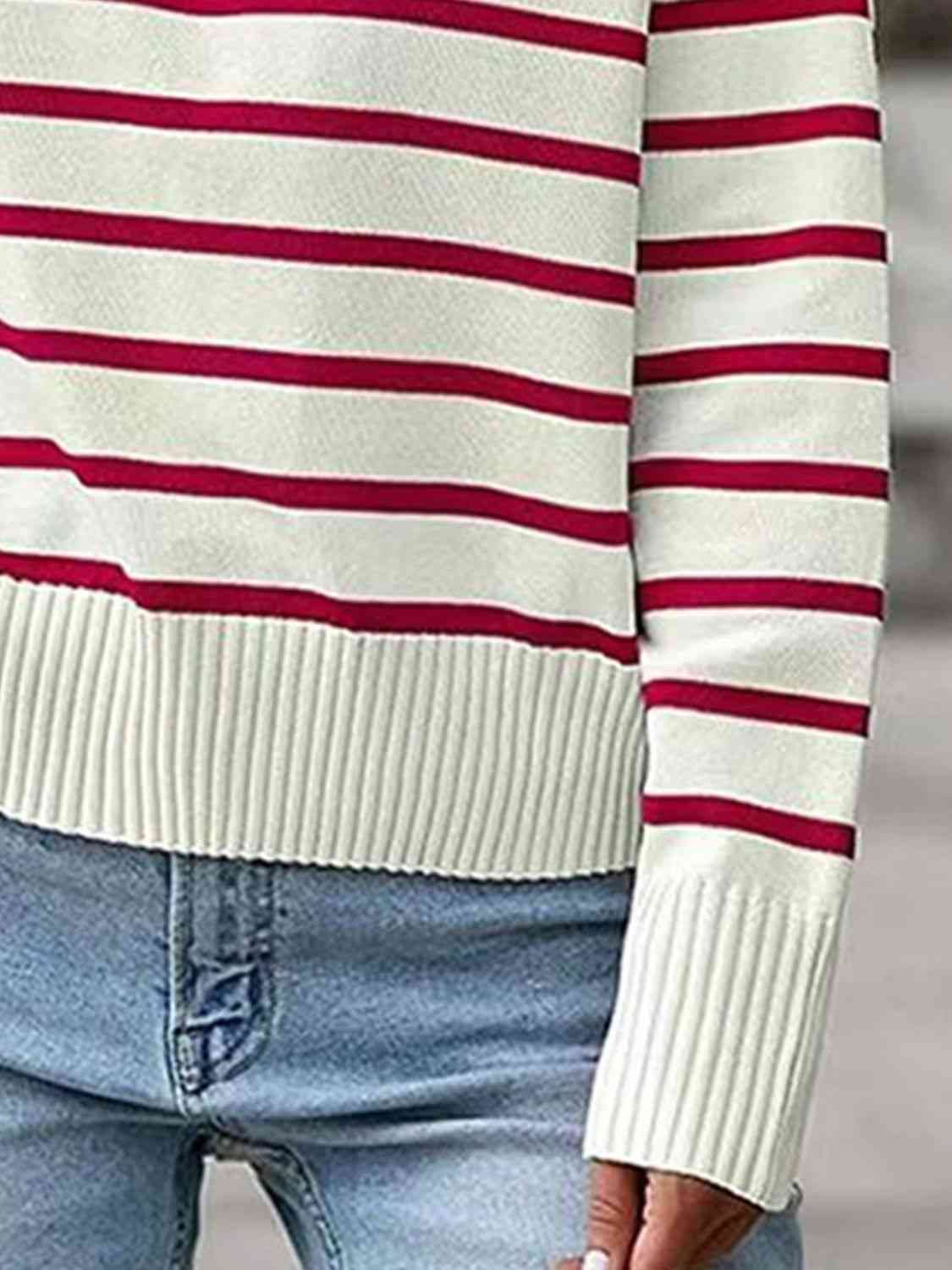 Striped Collared Neck Knit Top - TRENDMELO