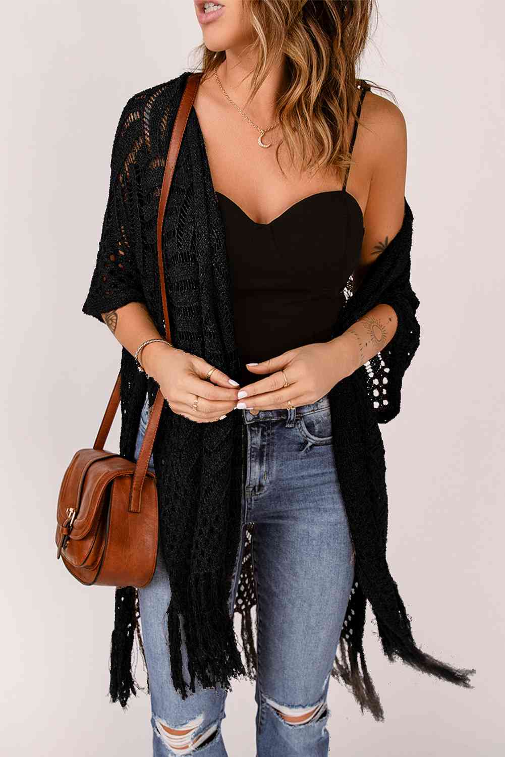 Fringe Hem Slit Open Front Cardigan - TRENDMELO