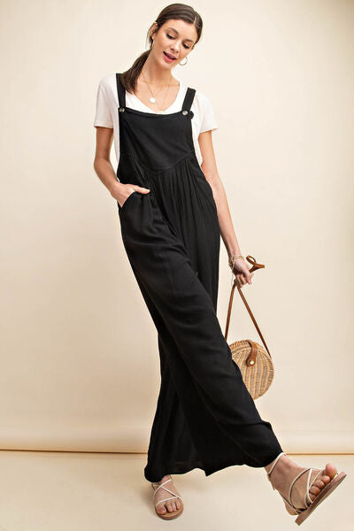 Kori America Full Size Sleeveless Ruched Wide Leg Overalls - TRENDMELO