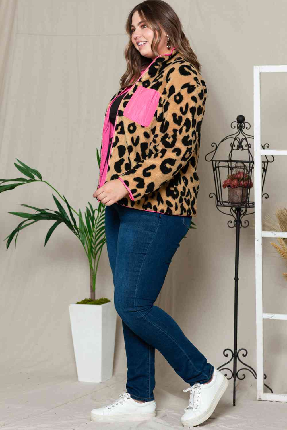 Plus Size Leopard Zip Up Jacket with Pockets - TRENDMELO