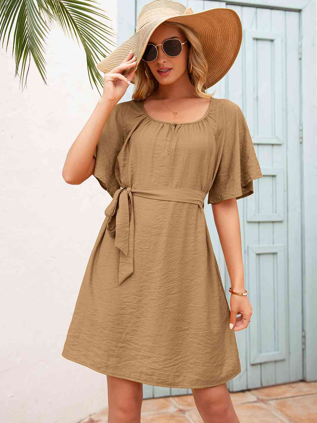 Tie Waist Flutter Sleeve Mini Dress - TRENDMELO