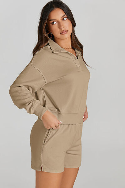 Half Button Sweatshirt and Shorts Active Set - TRENDMELO