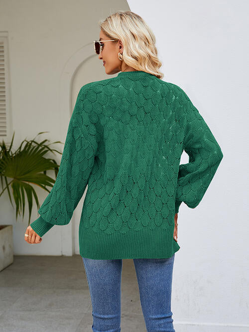 Openwork Open Front Lantern Sleeve Cardigan - TRENDMELO