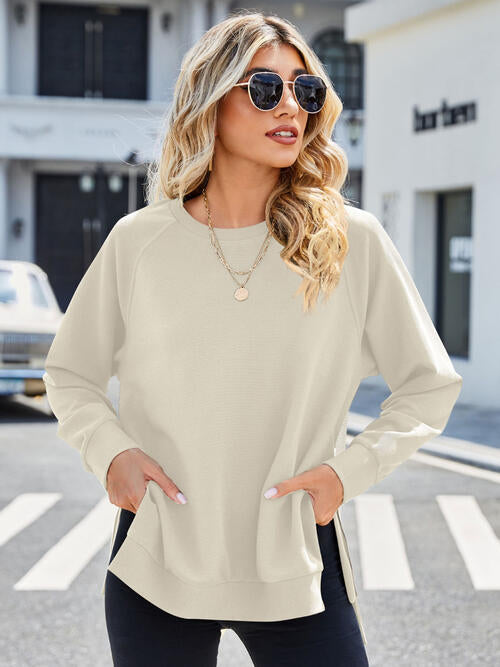 Zip Detail Round Neck Long Sleeve Sweatshirt - TRENDMELO