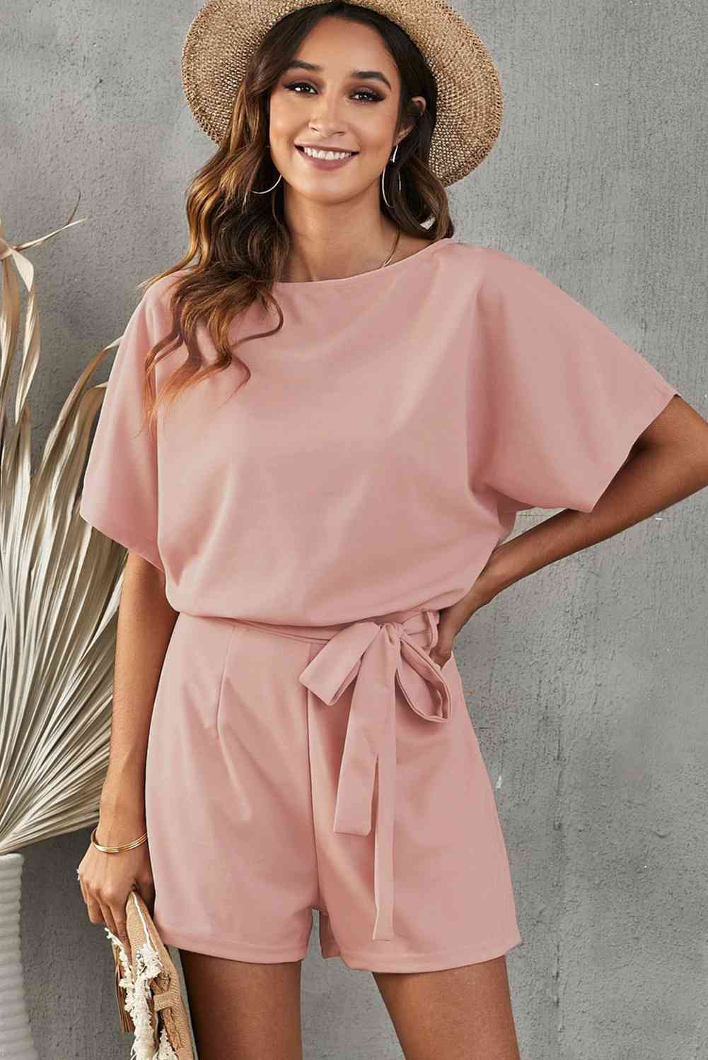 Tie Belt Short Sleeve Romper - TRENDMELO