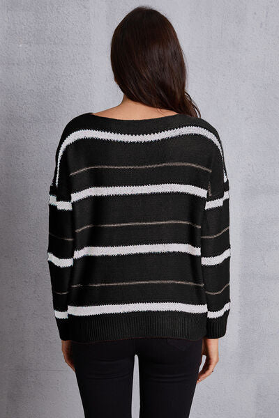 Striped Round Neck Dropped Shoulder Sweater - TRENDMELO