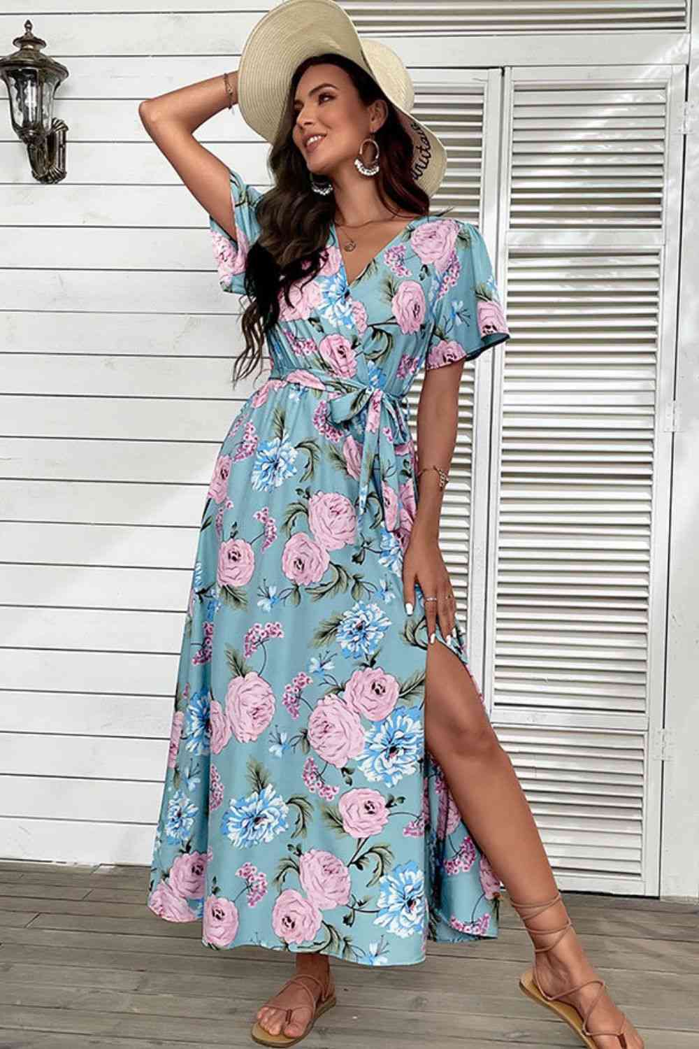 Floral Tie-Waist Slit Surplice Maxi Dress - TRENDMELO