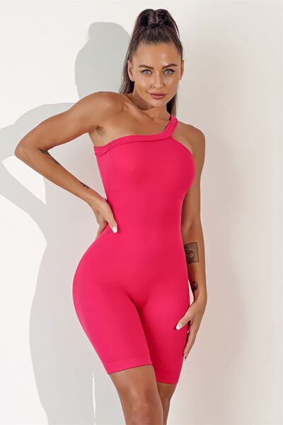 Asymmetrical Neck Wide Strap Active Romper - TRENDMELO