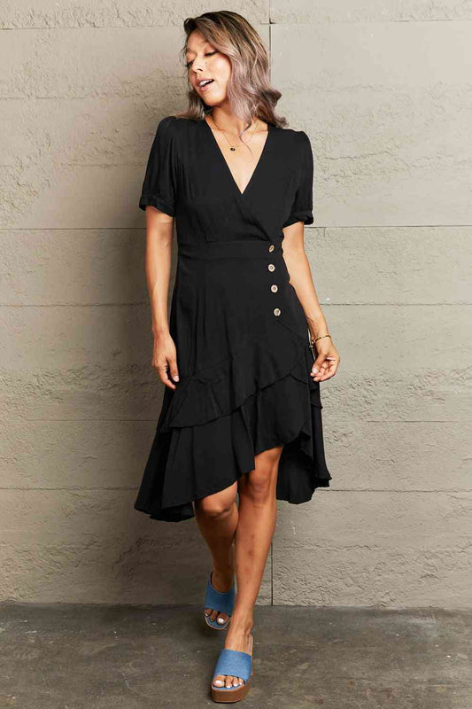 Decorative Button Surplice Ruffle Hem Dress - TRENDMELO