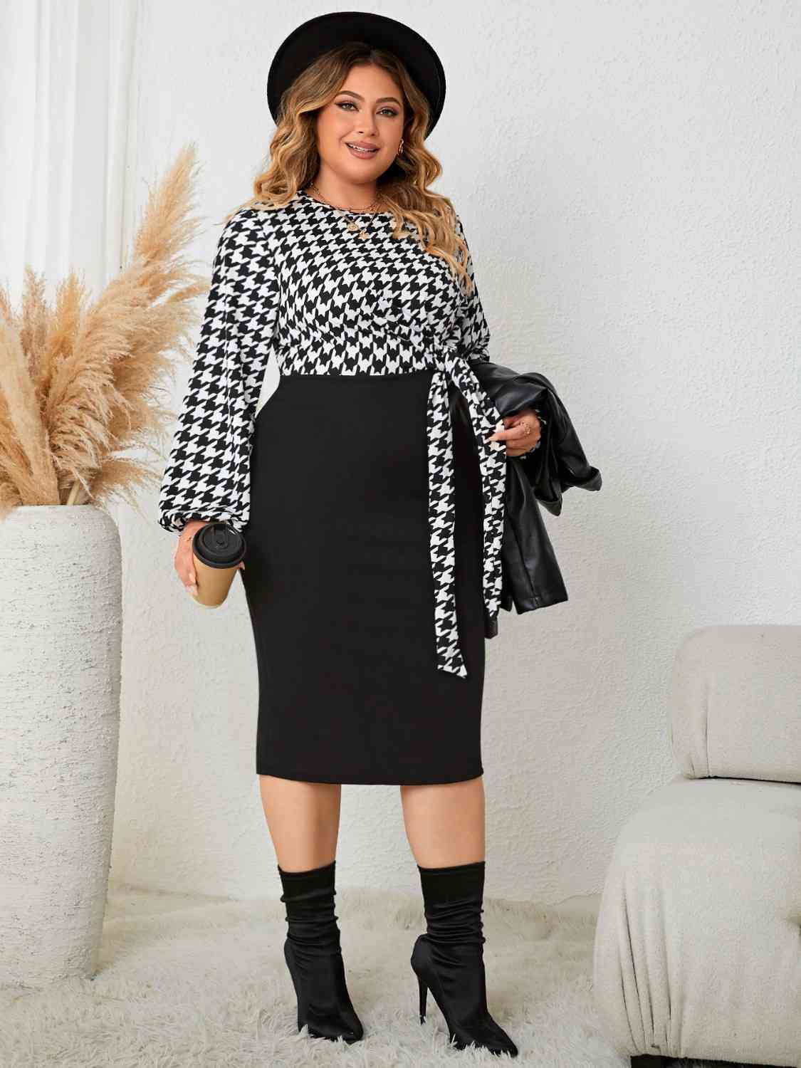 Plus Size Houndstooth Tied Long Sleeve Dress - TRENDMELO