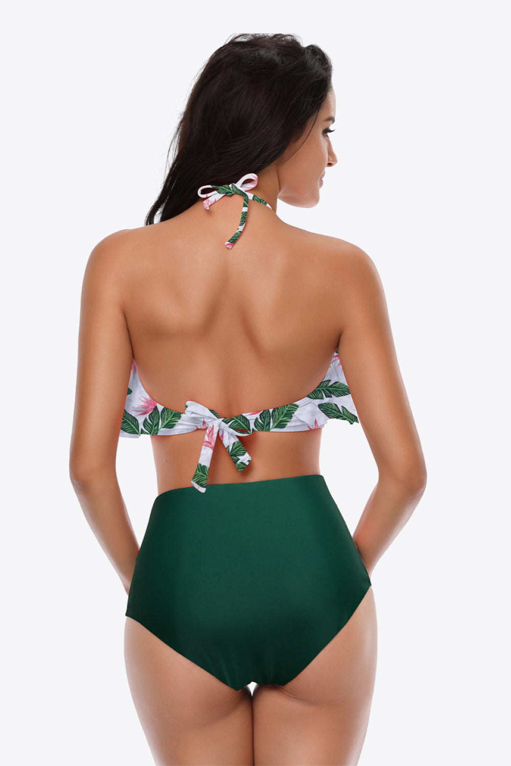 Two-Tone Ruffled Halter Neck Two-Piece Swimsuit - TRENDMELO