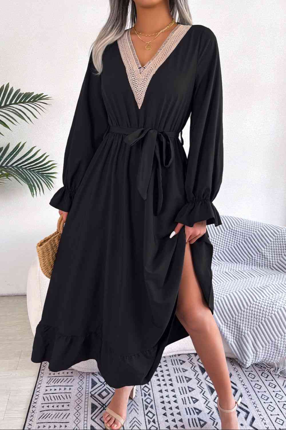 Contrast Belted Flounce Sleeve Dress - TRENDMELO