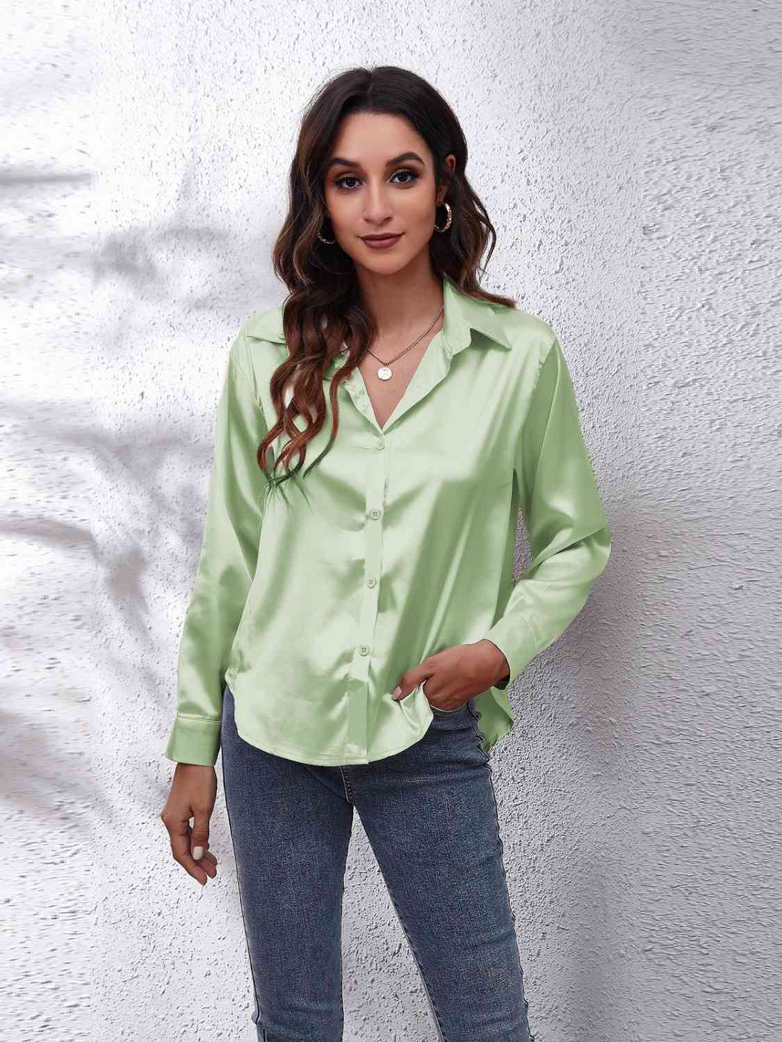 Collared Neck Buttoned Long Sleeve Shirt - TRENDMELO