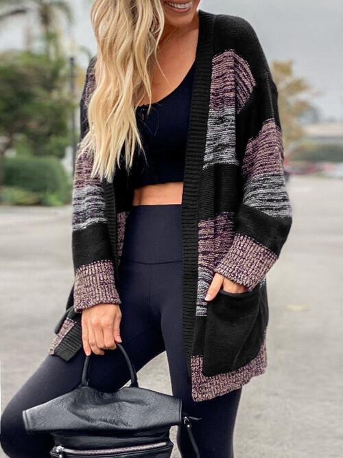 Striped Open Front Long Sleeve Cardigan with Pockets - TRENDMELO