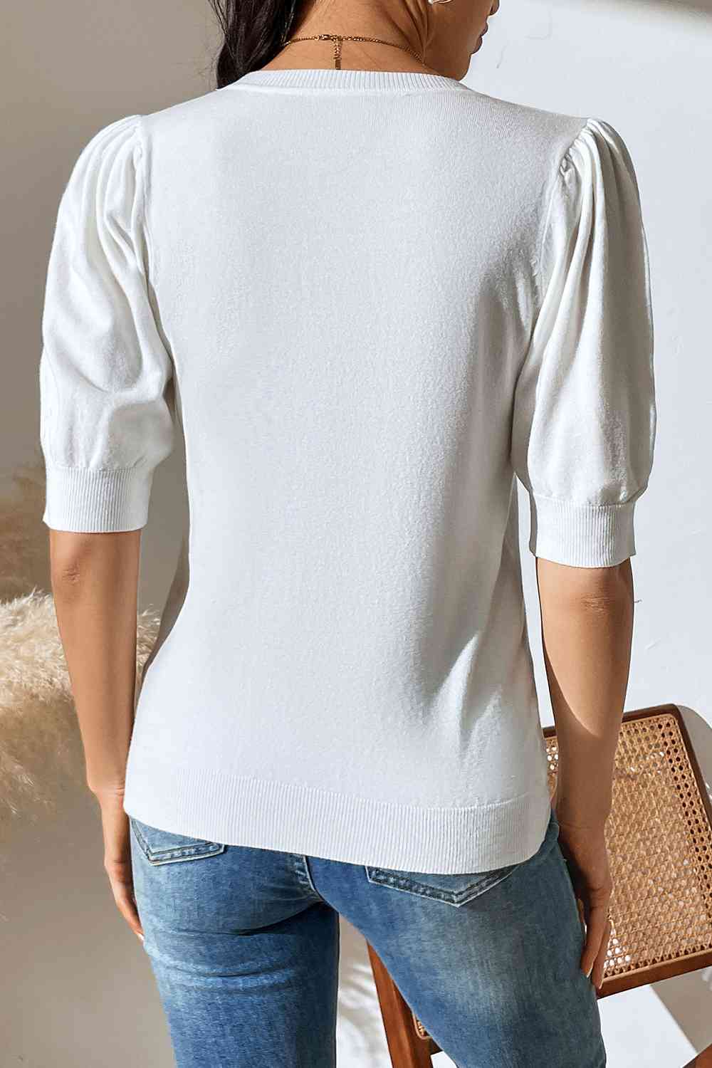 Round Neck Puff Sleeve Knit Top - TRENDMELO