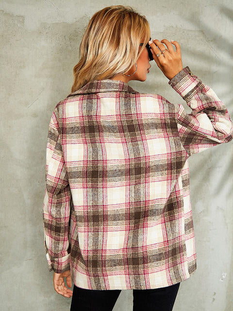 Plaid Button Down Collared Jacket - TRENDMELO