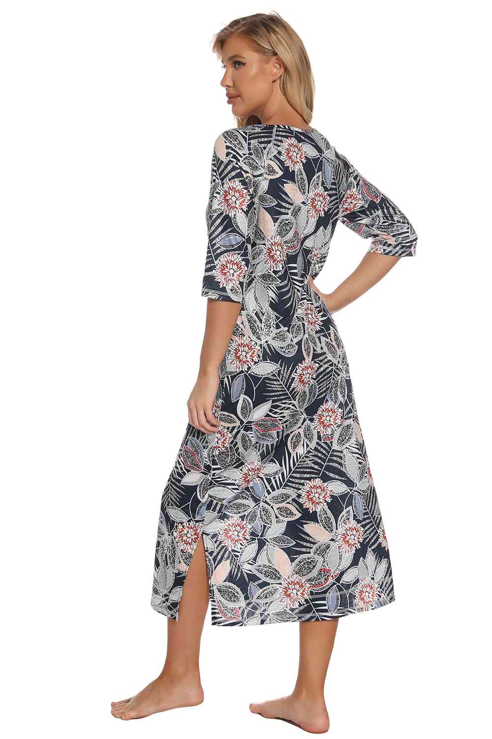 Printed Slit Night Dress with Pockets - TRENDMELO