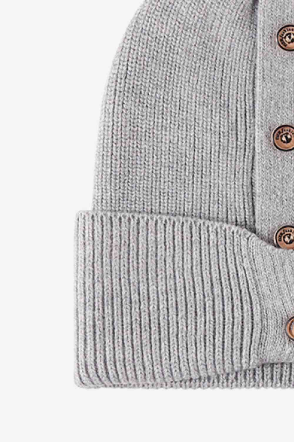 Button Detail Rib-Knit Cuff Beanie - TRENDMELO