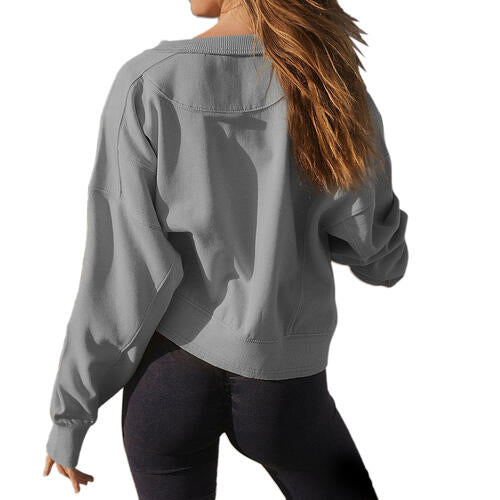 Round Neck Drop Shoulder Long Sleeve Sweatshirt - TRENDMELO