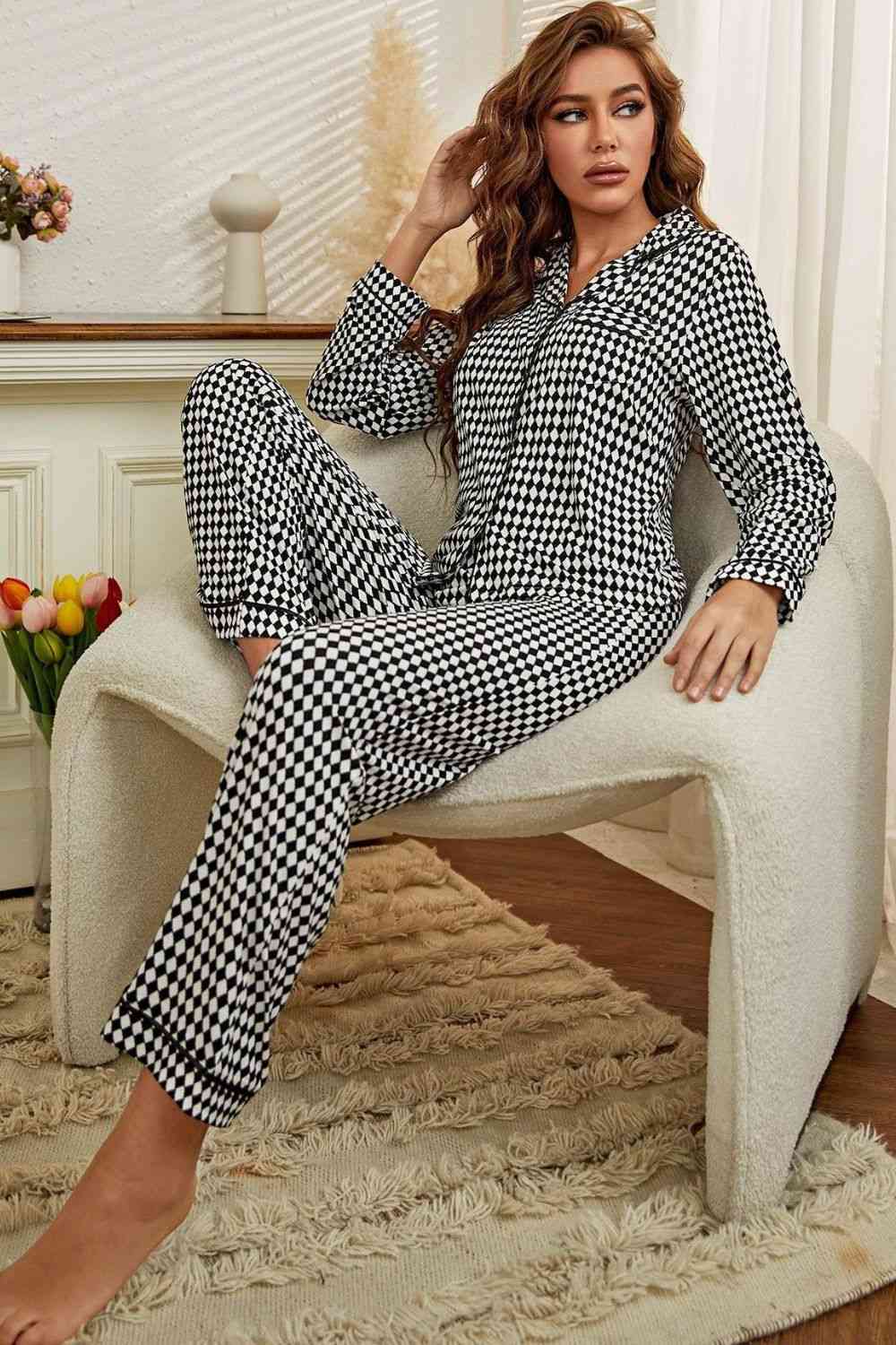 Checkered Button Front Top and Pants Loungewear Set - TRENDMELO