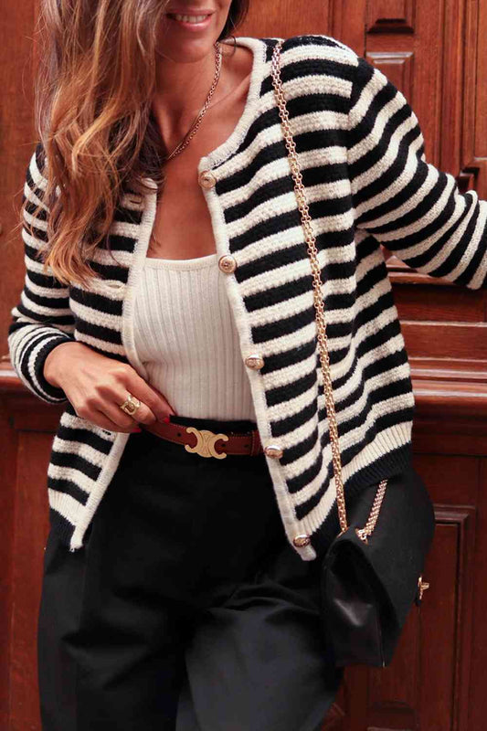 Striped Button Down Cardigan - TRENDMELO