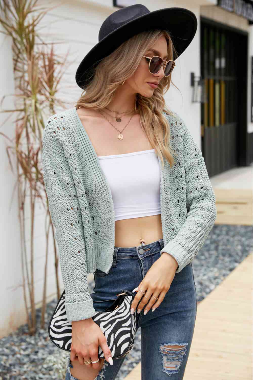 Open Front Cuffed Cropped Cardigan - TRENDMELO