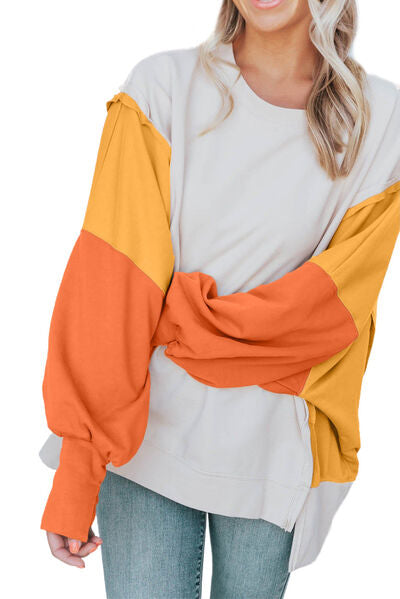 Color Block Exposed Seam Lantern Sleeve Sweatshirt - TRENDMELO