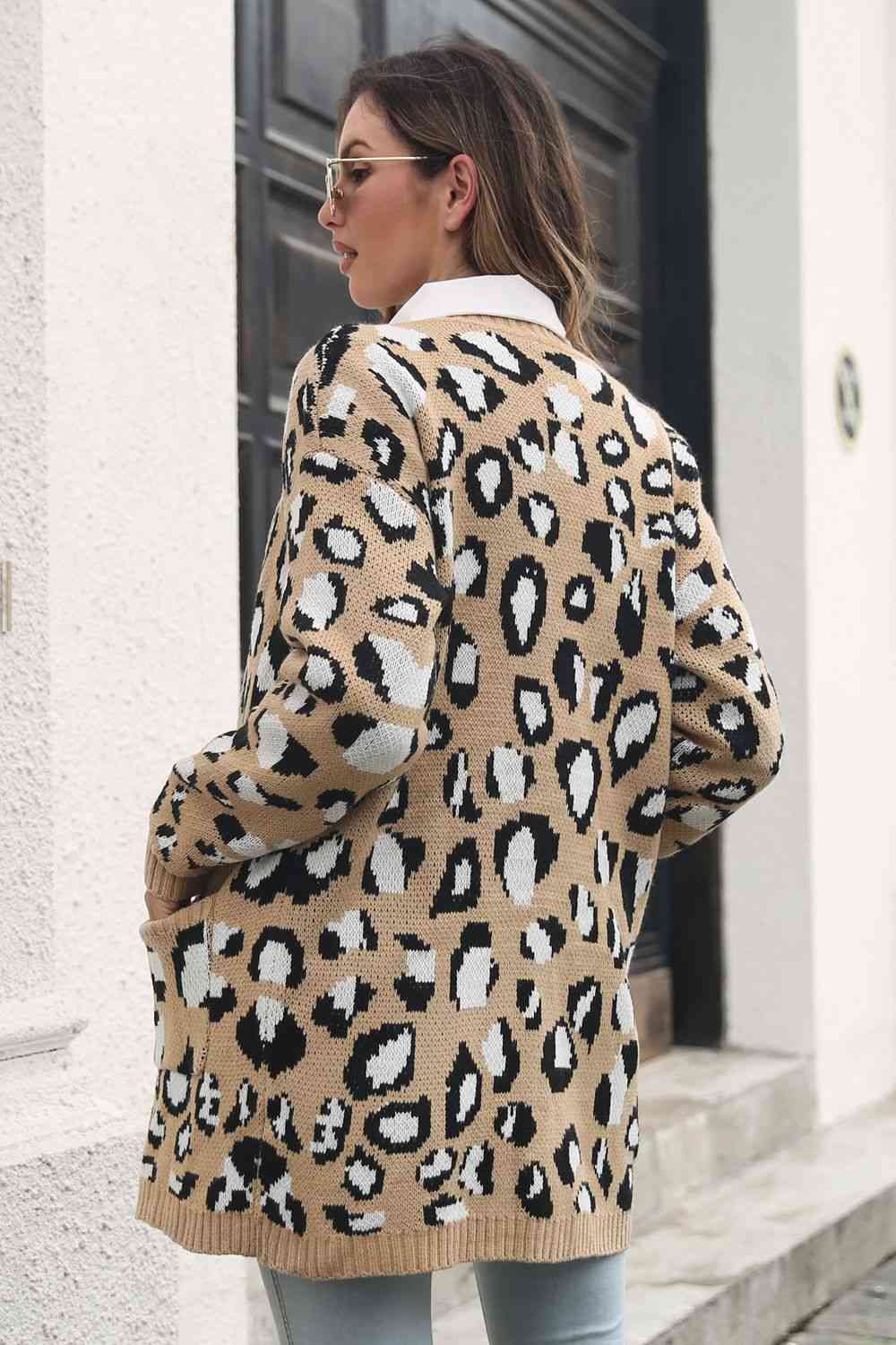 Leopard Open Front Cardigan with Pockets - TRENDMELO