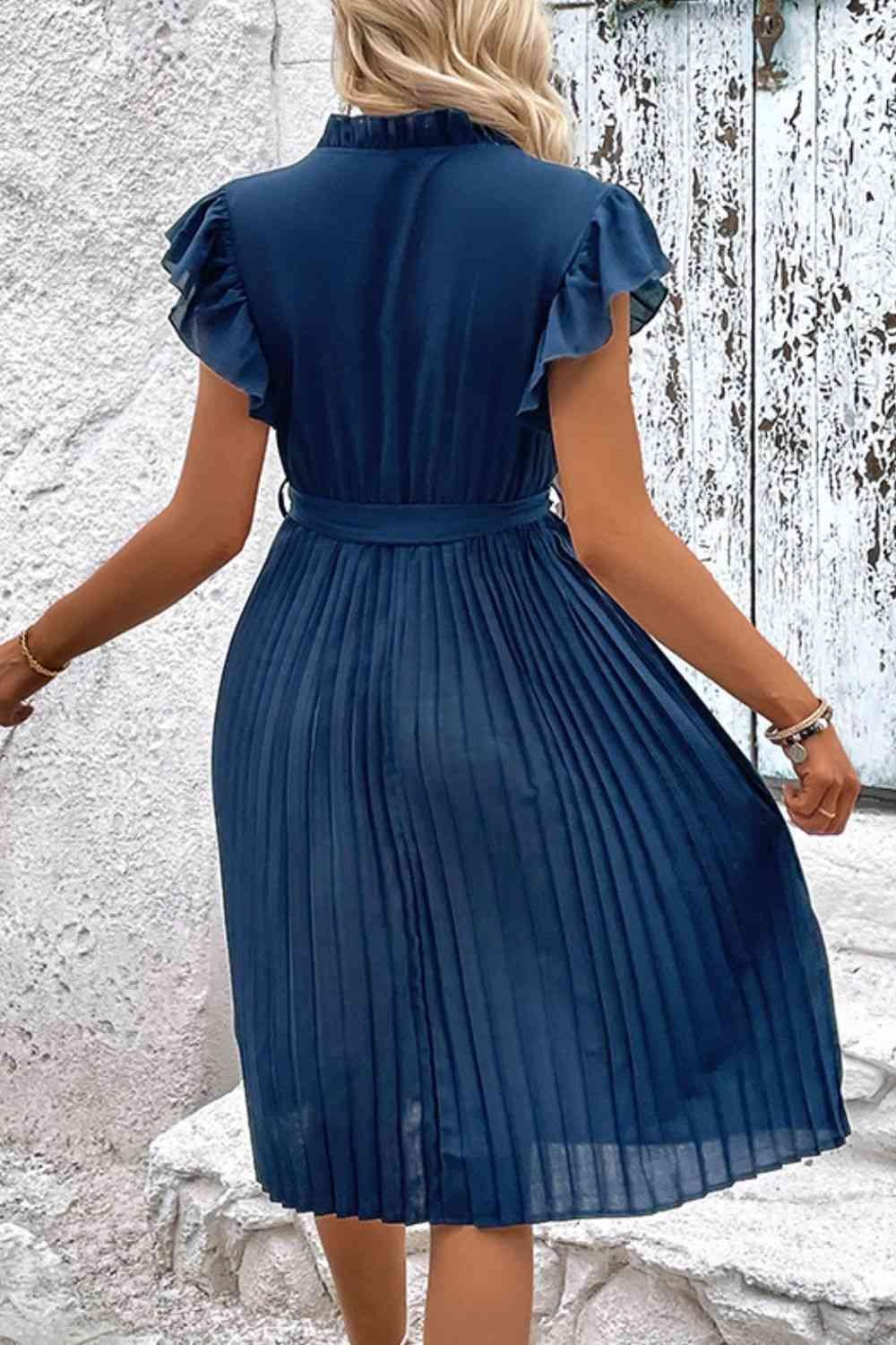 Tie Neck Belted Pleated Dress - TRENDMELO