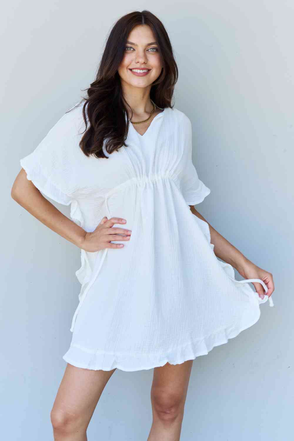 Ninexis Out Of Time Full Size Ruffle Hem Dress with Drawstring Waistband in White - TRENDMELO