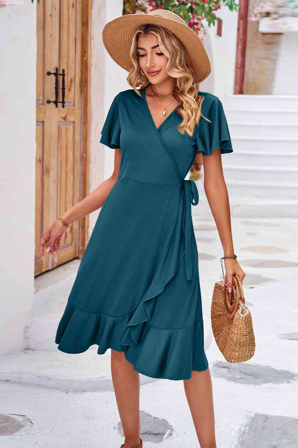 Surplice Neck Flutter Sleeve Dress - TRENDMELO