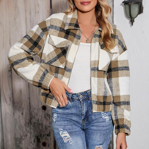 Plaid Zip-Up Collared Jacket - TRENDMELO