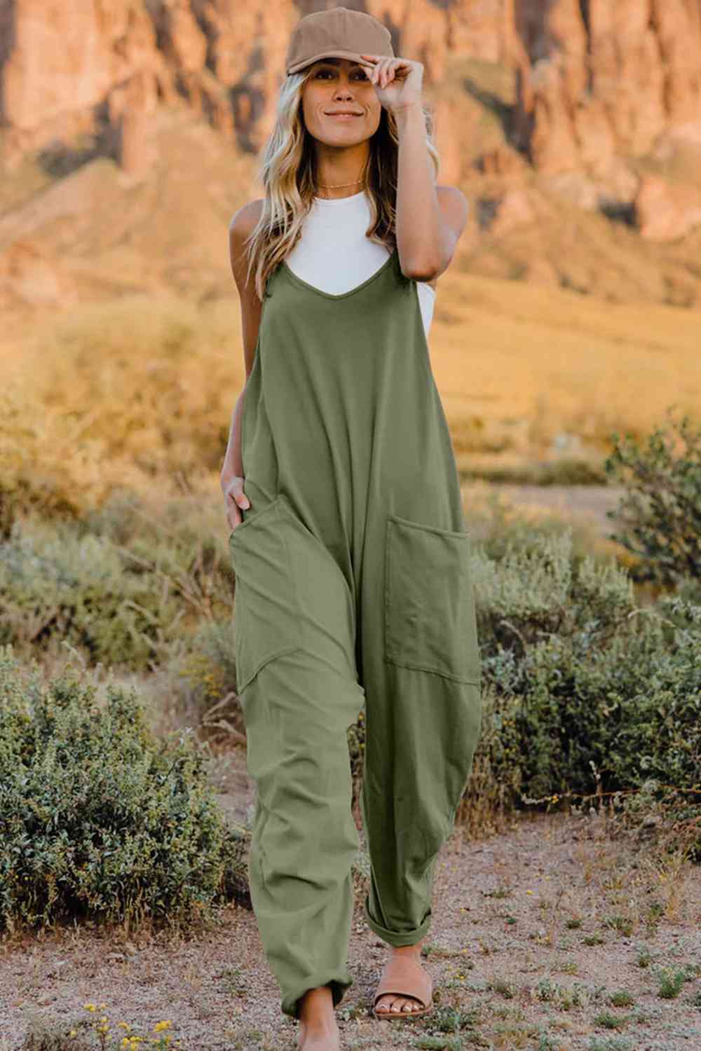 Double Take Full Size V-Neck Sleeveless Jumpsuit with Pockets - TRENDMELO