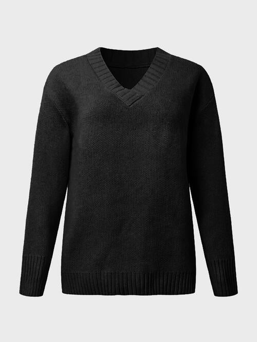 V-Neck Long Sleeve Knit Top - TRENDMELO