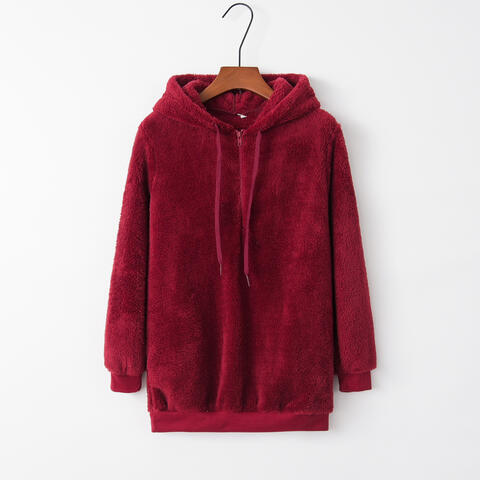 Full Size Quarter-Zip Drawstring Teddy Hoodie - TRENDMELO