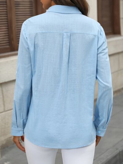 Button Up Pocketed Long Sleeve Shirt - TRENDMELO