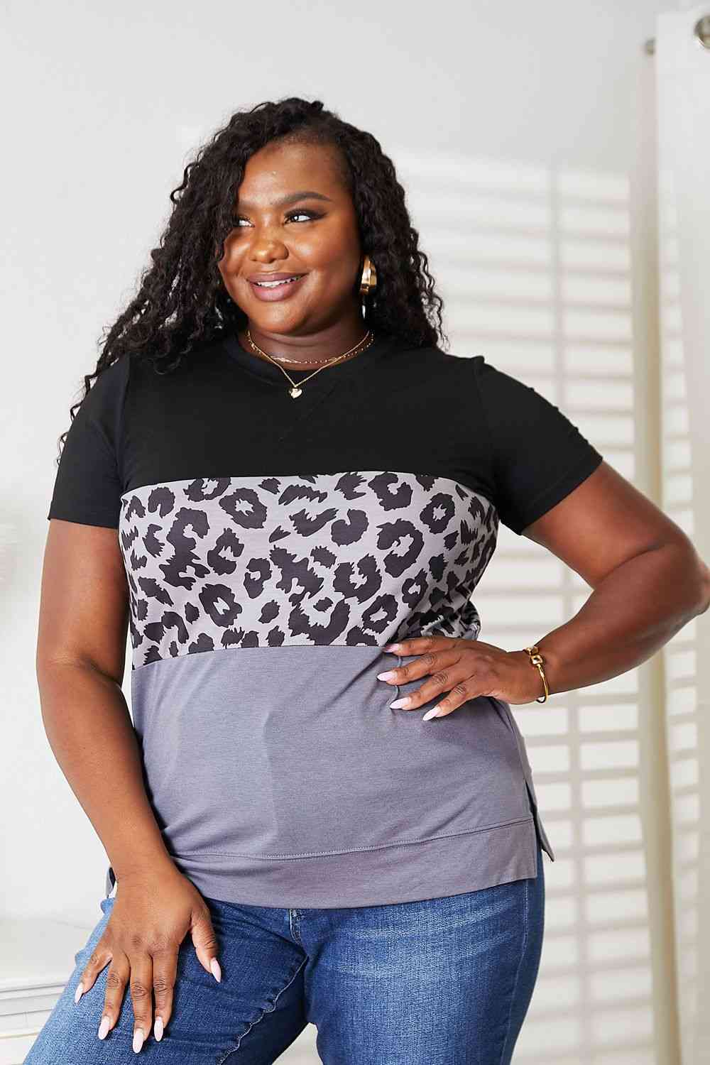 Double Take Leopard Print Color Block Short Sleeve T-Shirt - TRENDMELO