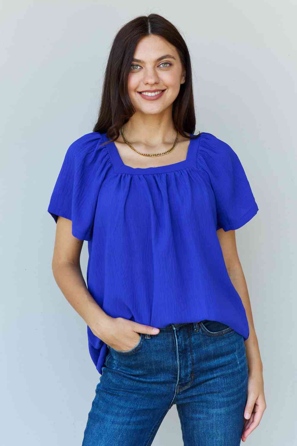 Ninexis Keep Me Close Square Neck Short Sleeve Blouse in Royal - TRENDMELO