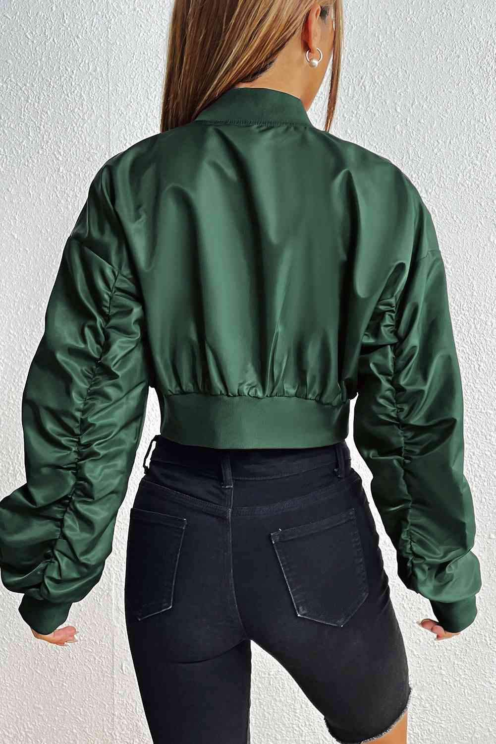 Zip-Up Ruched Cropped Jacket - TRENDMELO