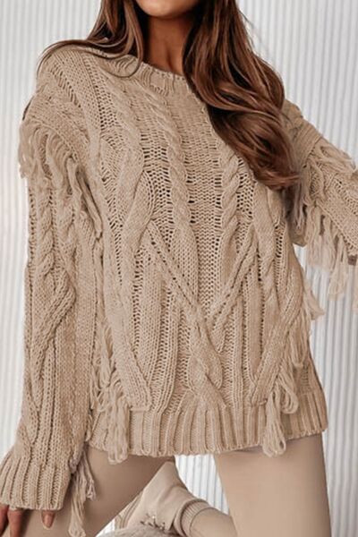 Cable-Knit Fringe Round Neck Sweater - TRENDMELO